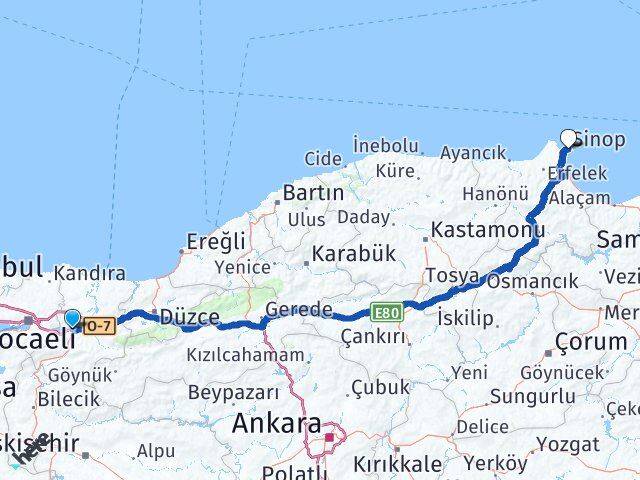 Sakarya Arifiye Sinop Arası Kaç Km - Yol Haritası