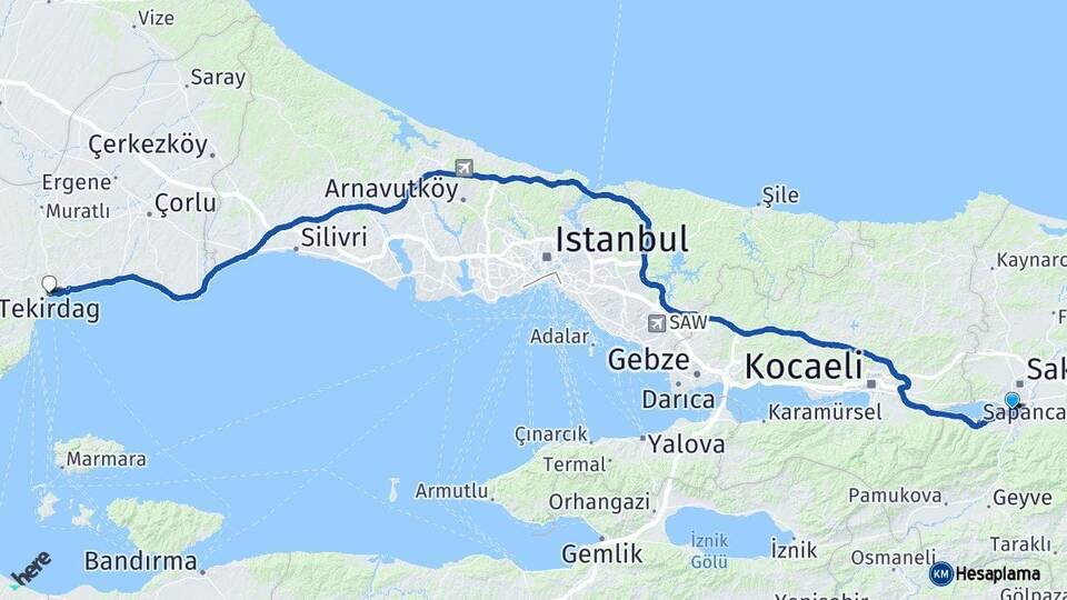 Sakarya Arifiye Tekirdağ Arası Kaç Km - Yol Haritası