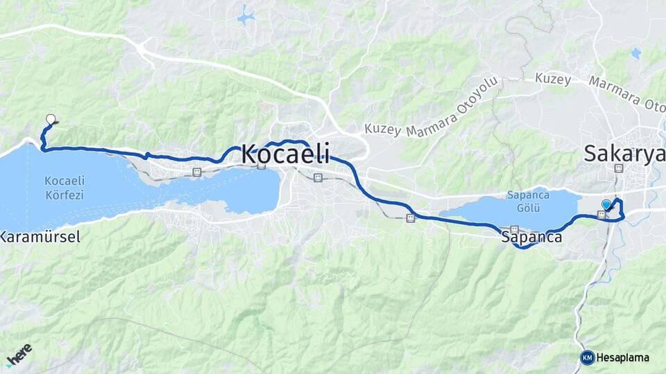 Sakarya Arifiye Yukarı Hereke Körfez Kocaeli Arası Kaç Km - Yol Haritası