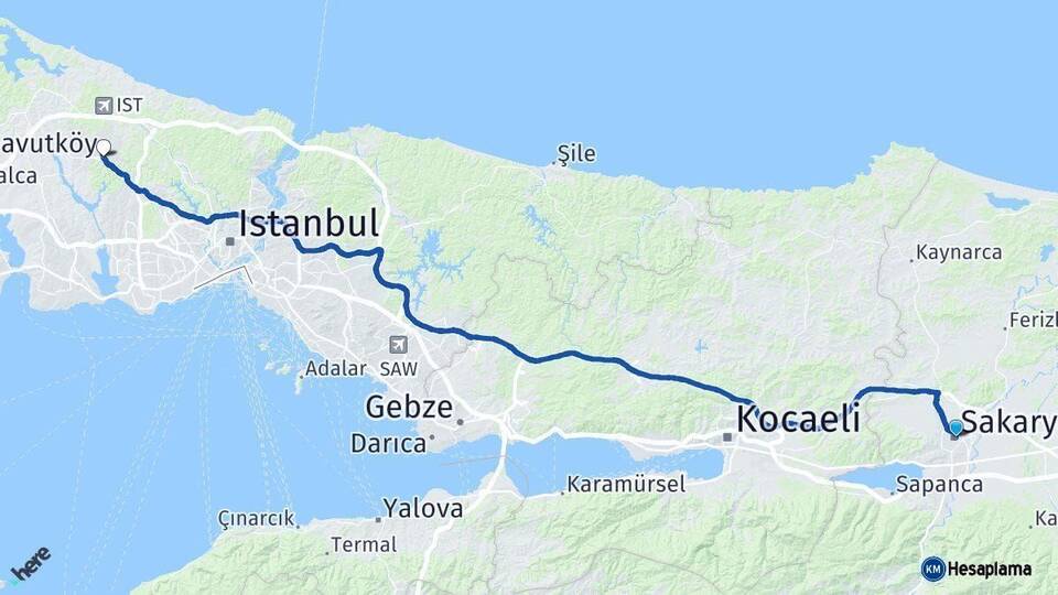Sakarya Arnavutköy İstanbul Arası Kaç Km - Yol Haritası