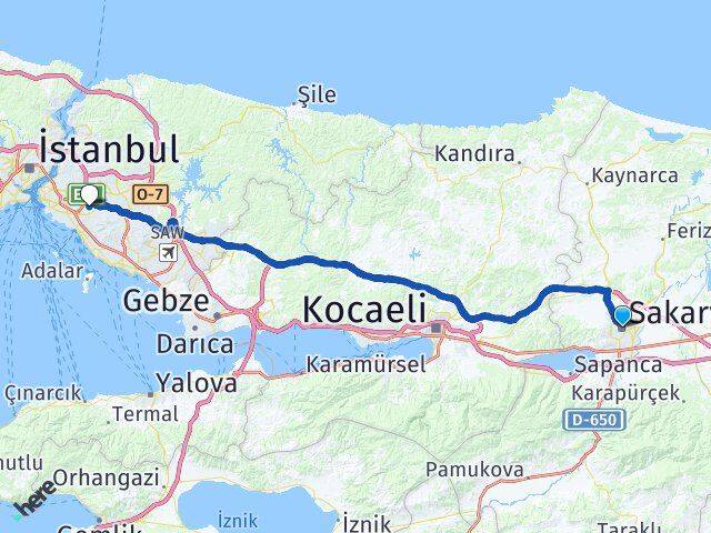 Sakarya Ataşehir İstanbul Arası Kaç Km - Yol Haritası