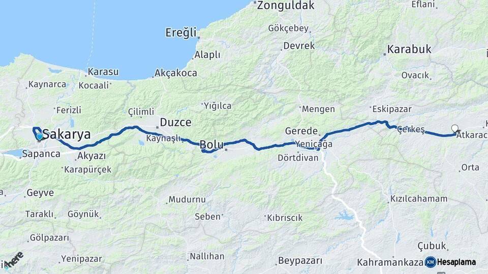 Sakarya Atkaracalar Çankırı Arası Kaç Km - Yol Haritası