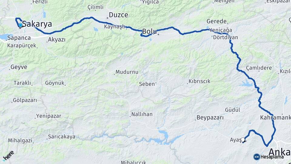 Sakarya Ayaş Ankara Arası Kaç Km - Yol Haritası