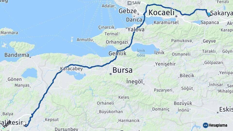 Sakarya Balıkesir Arası Kaç Km - Yol Haritası