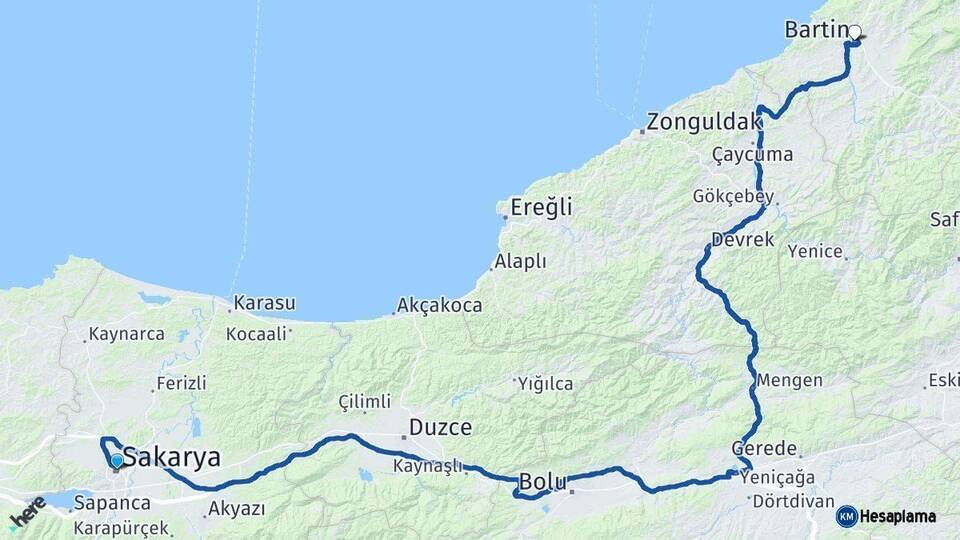 Sakarya Bartın Arası Kaç Km - Yol Haritası