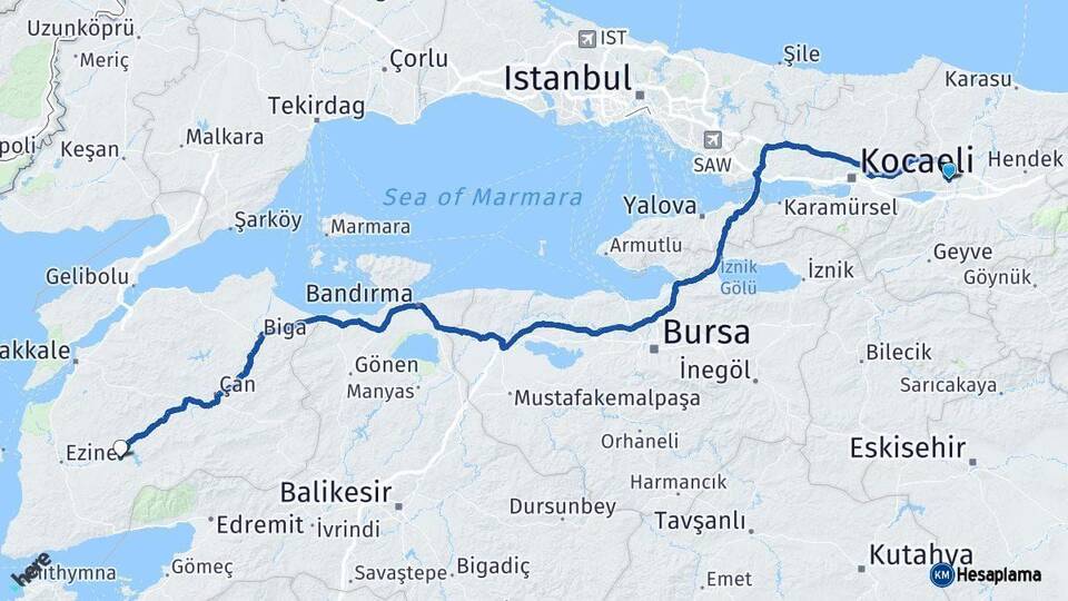Sakarya Bayramiç Çanakkale Arası Kaç Km - Yol Haritası