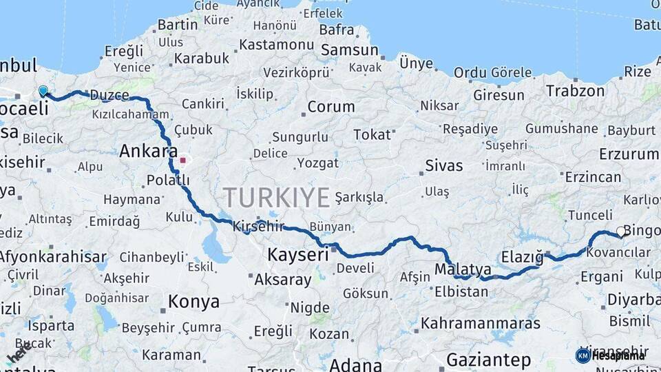 Sakarya Bingöl Arası Kaç Km - Yol Haritası