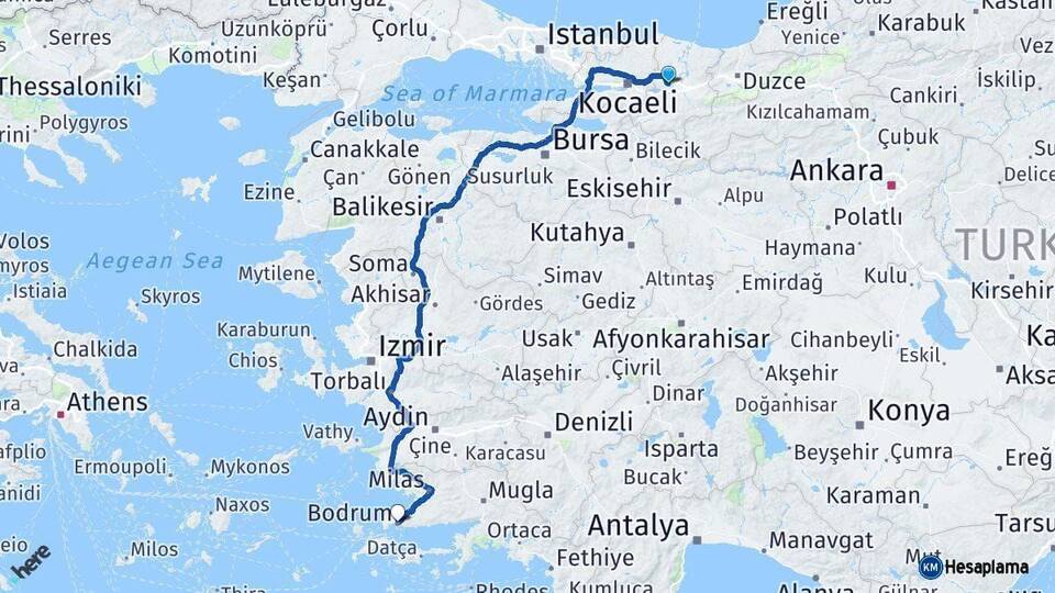 Sakarya Bodrum Muğla Arası Kaç Km - Yol Haritası