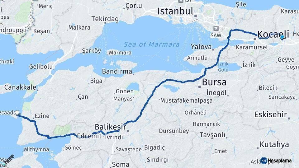 Sakarya Bozcaada Çanakkale Arası Kaç Km - Yol Haritası