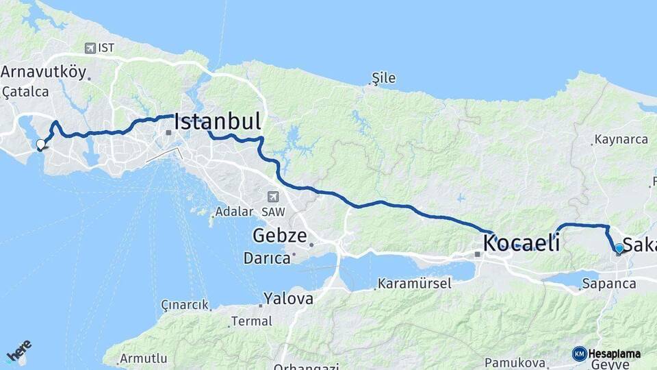 Sakarya Büyükçekmece İstanbul Arası Kaç Km - Yol Haritası