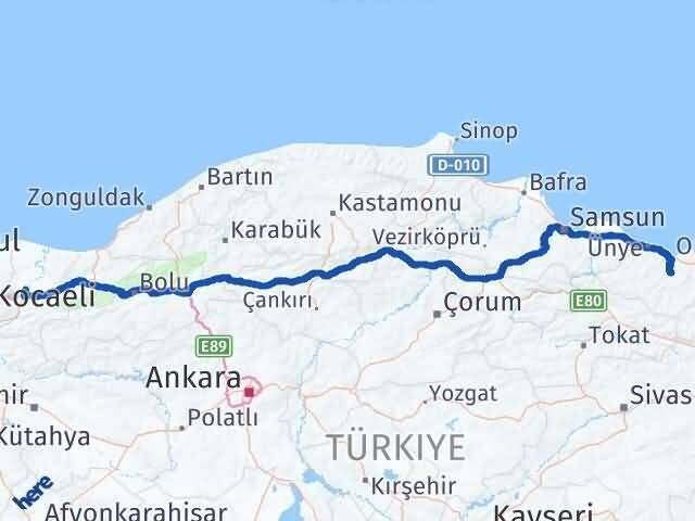 Sakarya Çamaş Ordu Arası Kaç Km - Yol Haritası