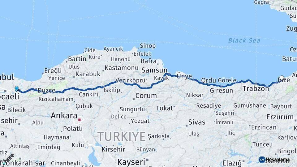 Sakarya Çayeli Rize Arası Kaç Km - Yol Haritası