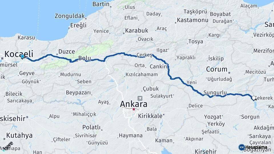 Sakarya Çekerek Yozgat Arası Kaç Km - Yol Haritası