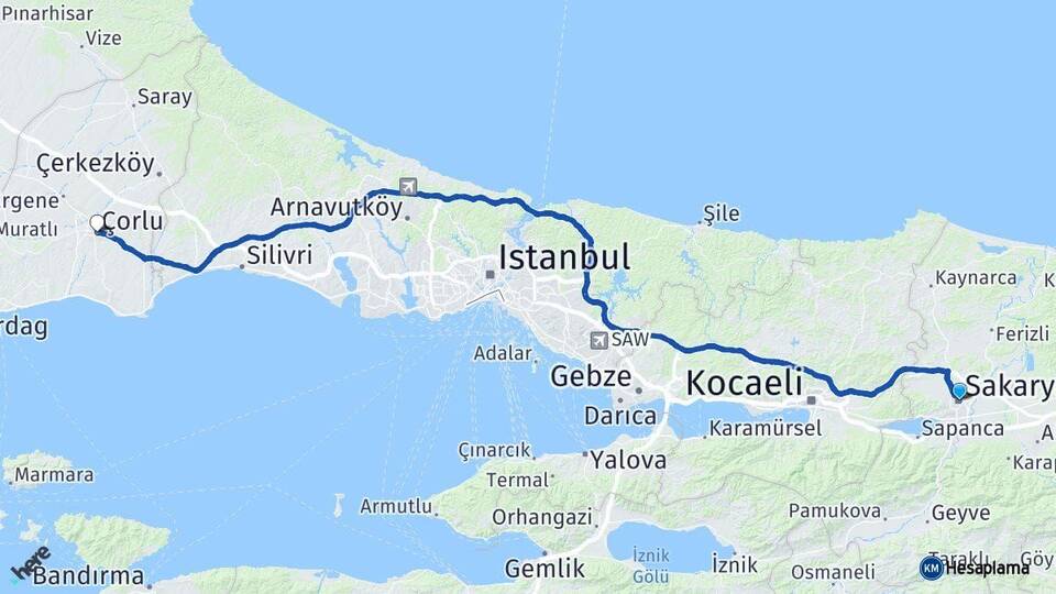 Sakarya Çorlu Tekirdağ Arası Kaç Km - Yol Haritası