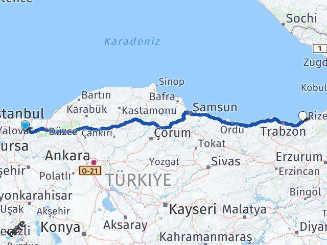 Sakarya Derepazarı Rize Arası Kaç Km - Yol Haritası