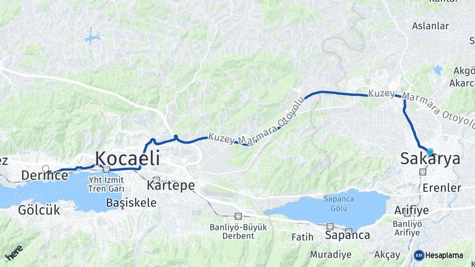 Sakarya Derince Kocaeli Arası Kaç Km - Yol Haritası
