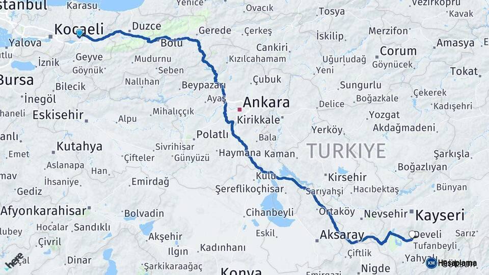 Sakarya Develi Kayseri Arası Kaç Km - Yol Haritası
