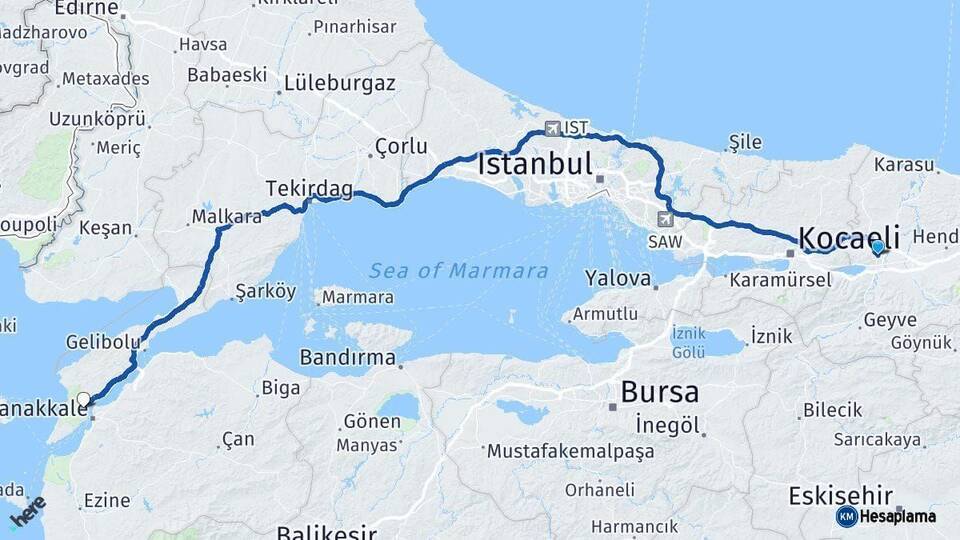 Sakarya Eceabat Çanakkale Arası Kaç Km - Yol Haritası