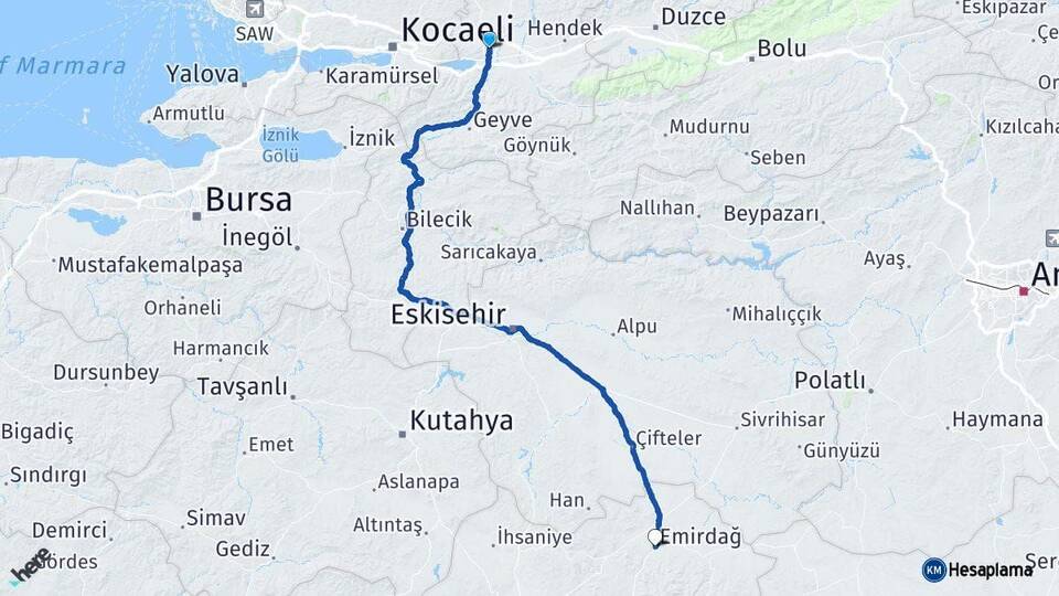 Sakarya Emirdağ Afyonkarahisar Arası Kaç Km - Yol Haritası