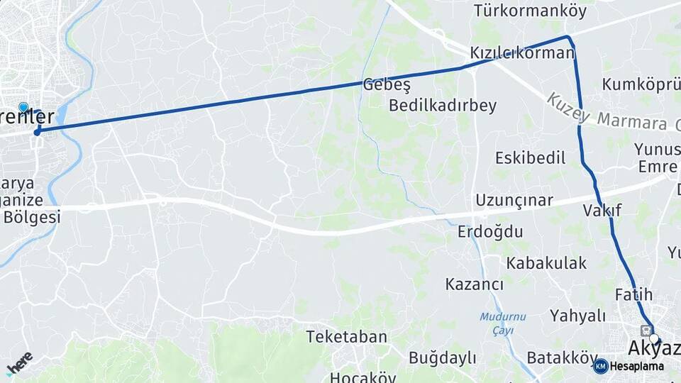 Sakarya Erenler Akyazı Arası Kaç Km - Yol Haritası