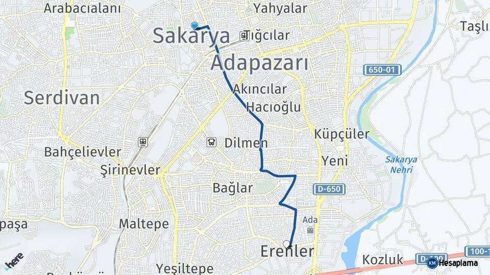 Sakarya Erenler Arası Kaç Km - Yol Haritası