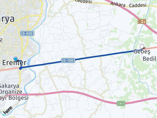Sakarya Erenler Gebeş Akyazı Arası Kaç Km - Yol Haritası