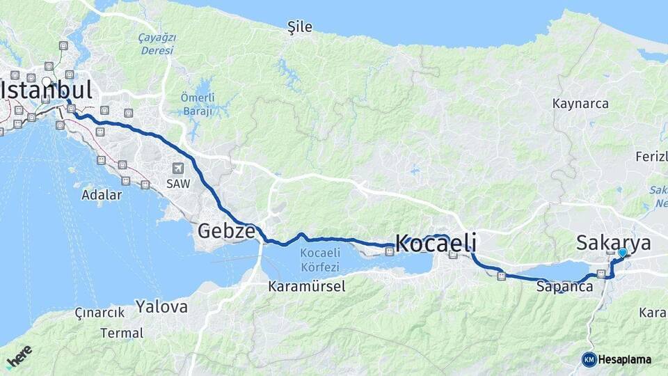 Sakarya Erenler İstanbul Arası Kaç Km - Yol Haritası