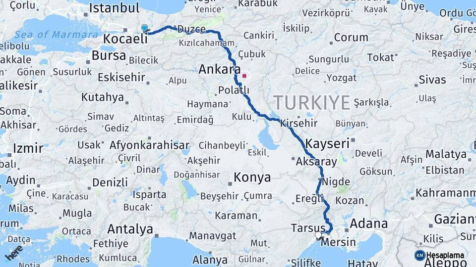 Sakarya Erenler Mersin Arası Kaç Km - Yol Haritası