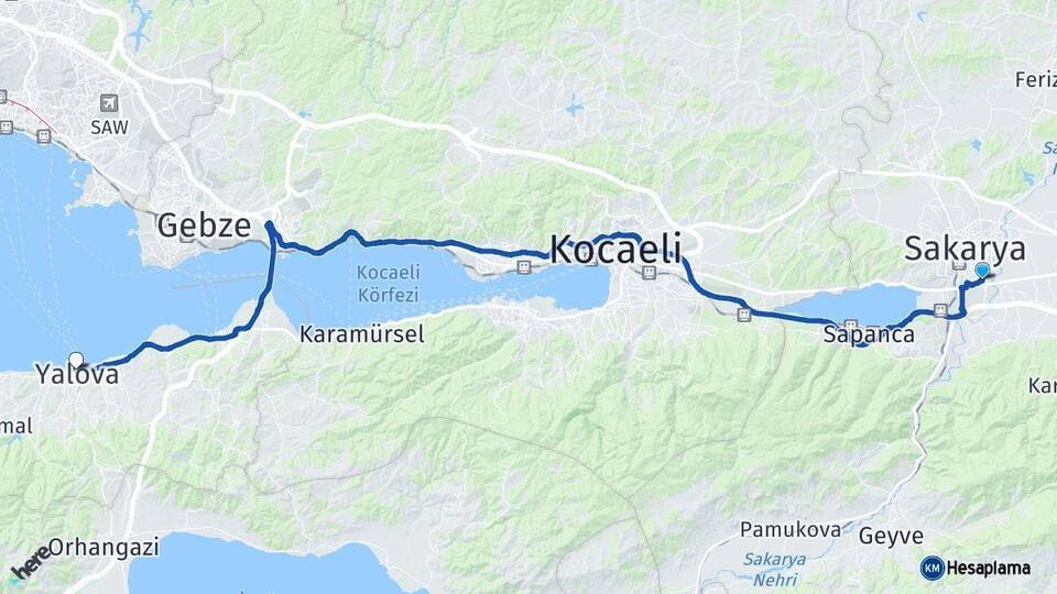 Sakarya Erenler Yalova Arası Kaç Km - Yol Haritası