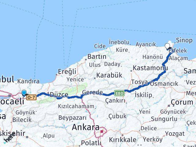 Sakarya Erfelek Sinop Arası Kaç Km - Yol Haritası