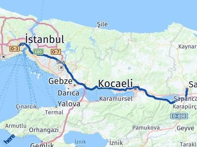 Sakarya Esenler İstanbul Arası Kaç Km - Yol Haritası