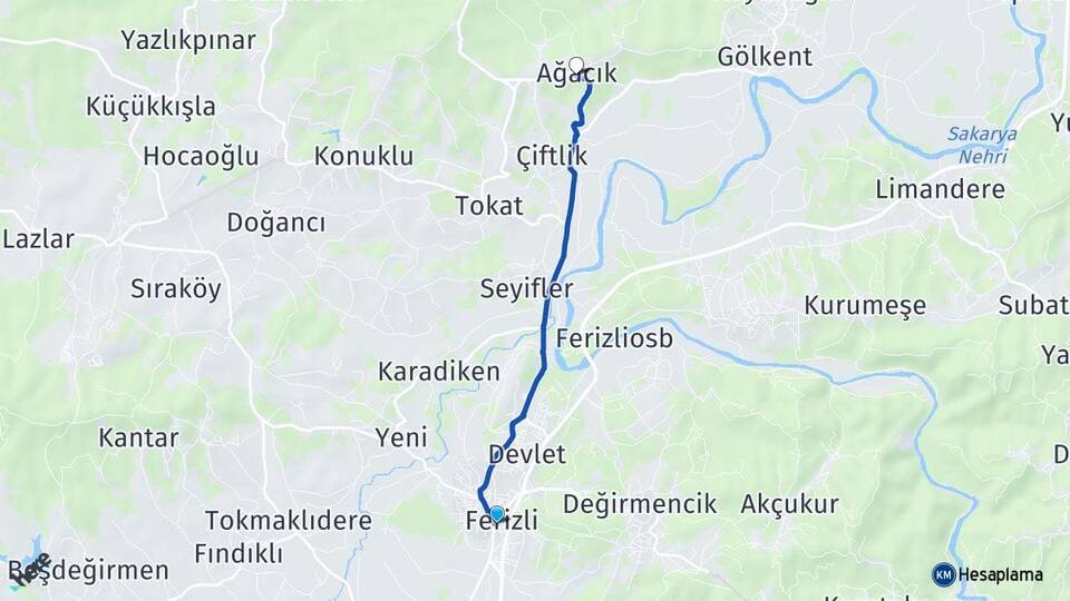 Sakarya Ferizli Ağacık Ferizli Arası Kaç Km - Yol Haritası