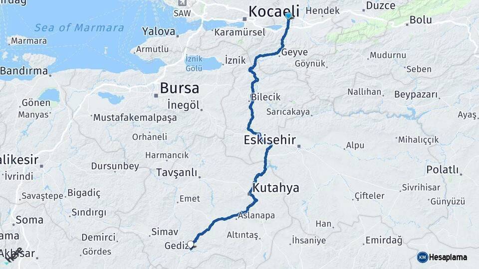 Sakarya Gediz Kütahya Arası Kaç Km - Yol Haritası