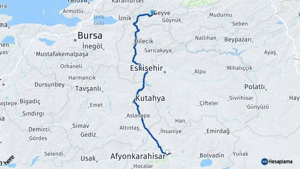 Sakarya Geyve Afyonkarahisar Arası Kaç Km - Yol Haritası
