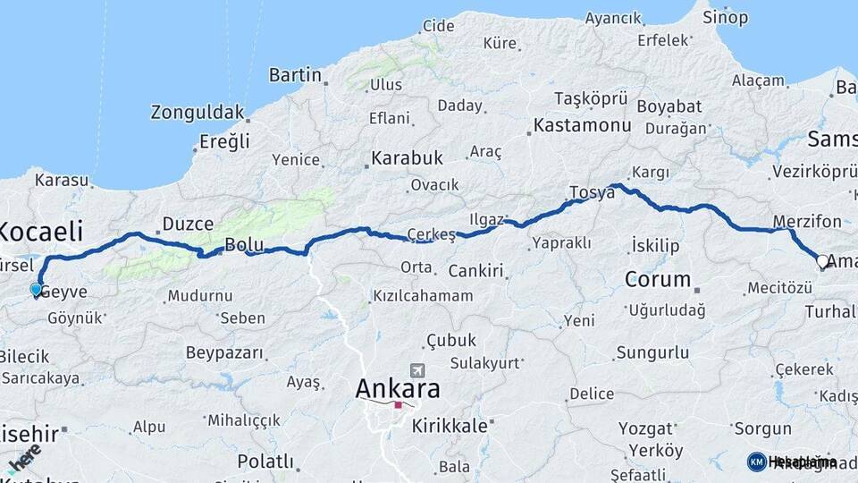 Sakarya Geyve Amasya Arası Kaç Km - Yol Haritası