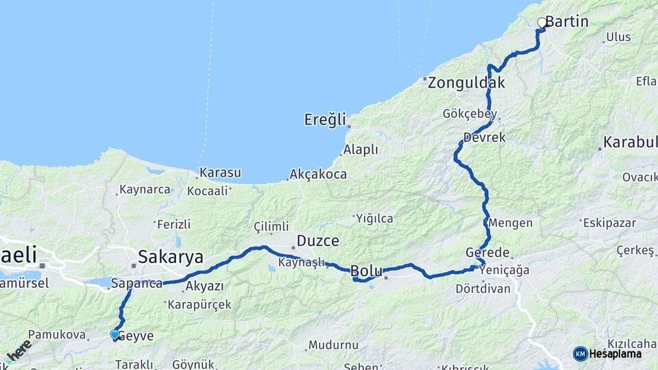 Sakarya Geyve Bartın Arası Kaç Km - Yol Haritası
