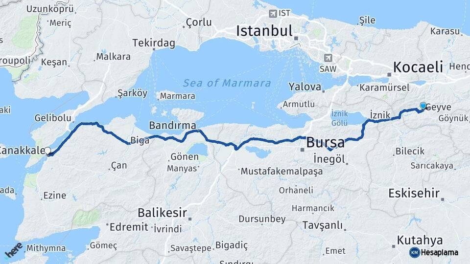 Sakarya Geyve Çanakkale Arası Kaç Km - Yol Haritası