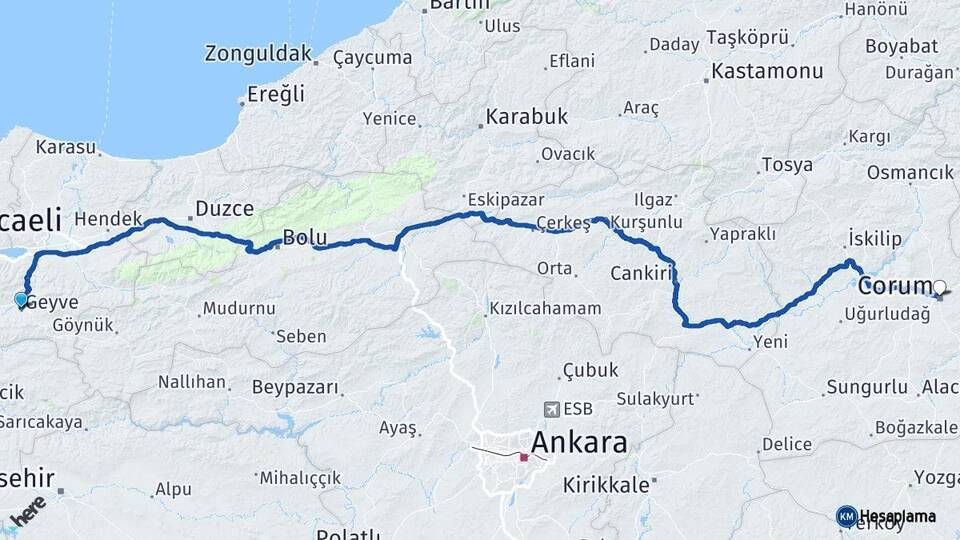 Sakarya Geyve Çorum Arası Kaç Km - Yol Haritası