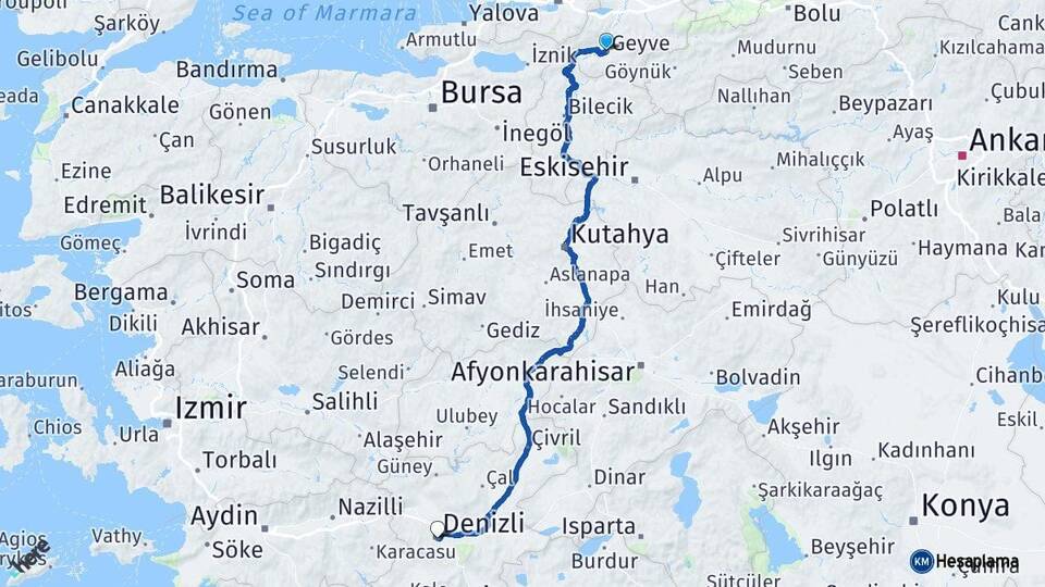 Sakarya Geyve Denizli Arası Kaç Km - Yol Haritası