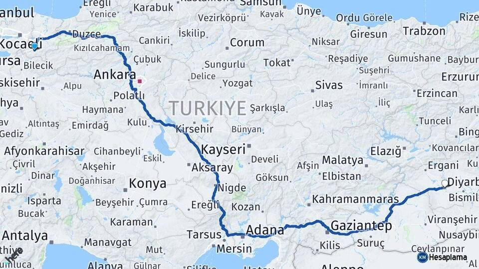 Sakarya Geyve Diyarbakır Arası Kaç Km - Yol Haritası