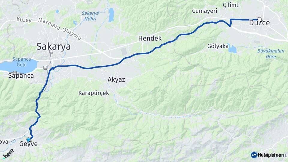 Sakarya Geyve Düzce Arası Kaç Km - Yol Haritası