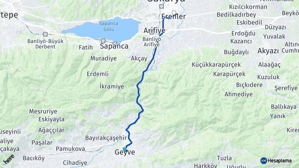 Sakarya Geyve Erenler Arası Kaç Km - Yol Haritası