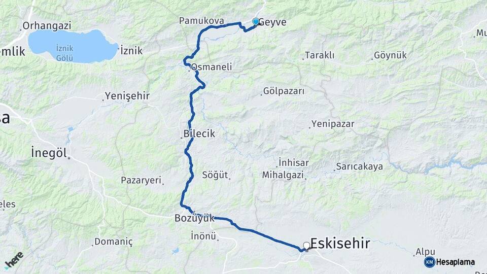 Sakarya Geyve Eskişehir Arası Kaç Km - Yol Haritası