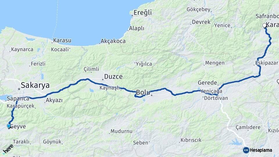 Sakarya Geyve Karabük Arası Kaç Km - Yol Haritası