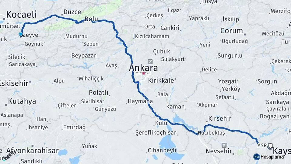 Sakarya Geyve Kayseri Arası Kaç Km - Yol Haritası