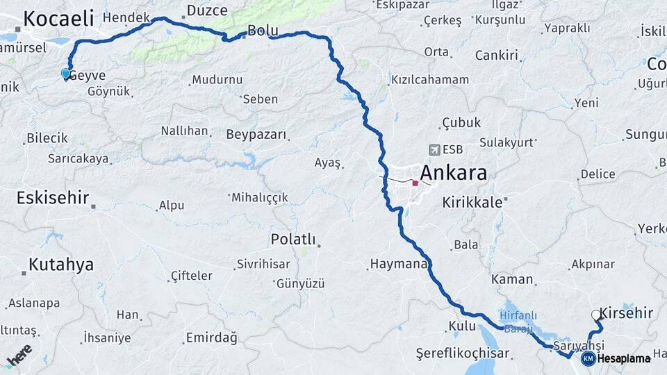 Sakarya Geyve Kırşehir Arası Kaç Km - Yol Haritası