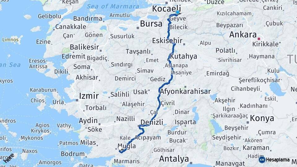 Sakarya Geyve Muğla Arası Kaç Km - Yol Haritası