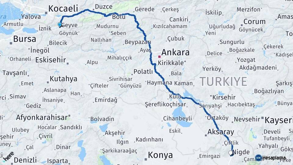 Sakarya Geyve Niğde Arası Kaç Km - Yol Haritası