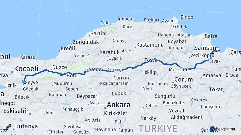 Sakarya Geyve Samsun Arası Kaç Km - Yol Haritası