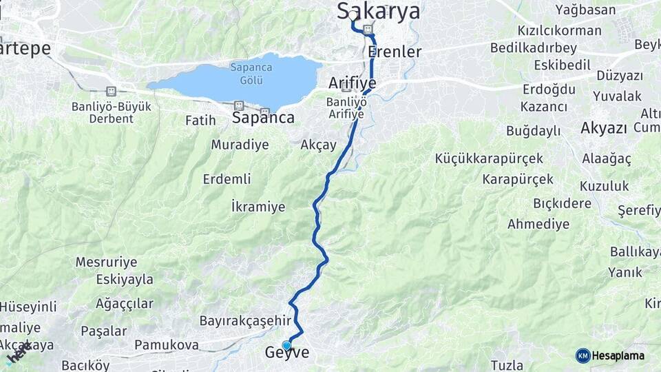 Sakarya Geyve Serdivan Arası Kaç Km - Yol Haritası